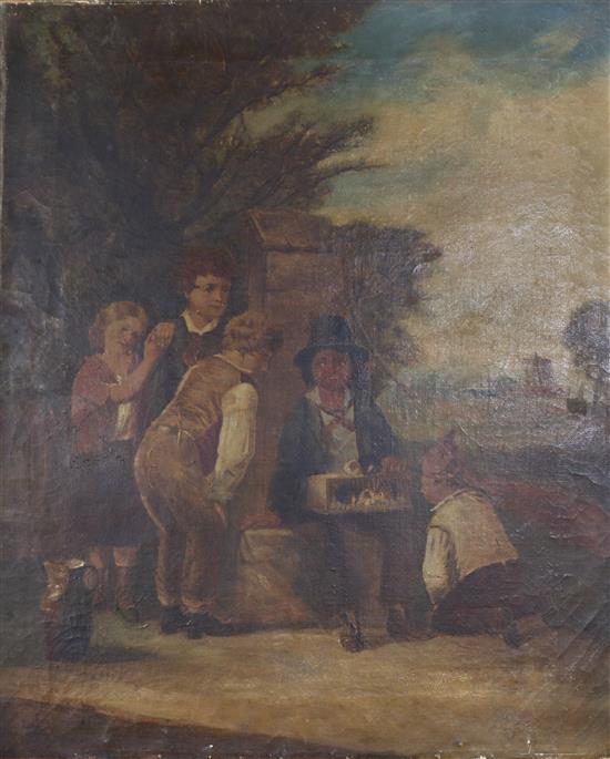 19th century English School, overpainted print, Children with guinea pigs, 46 x 38cm, unframed